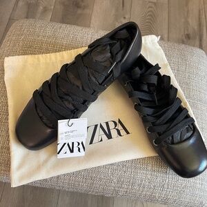 Zara Black Leather Lace up Ballet Flats